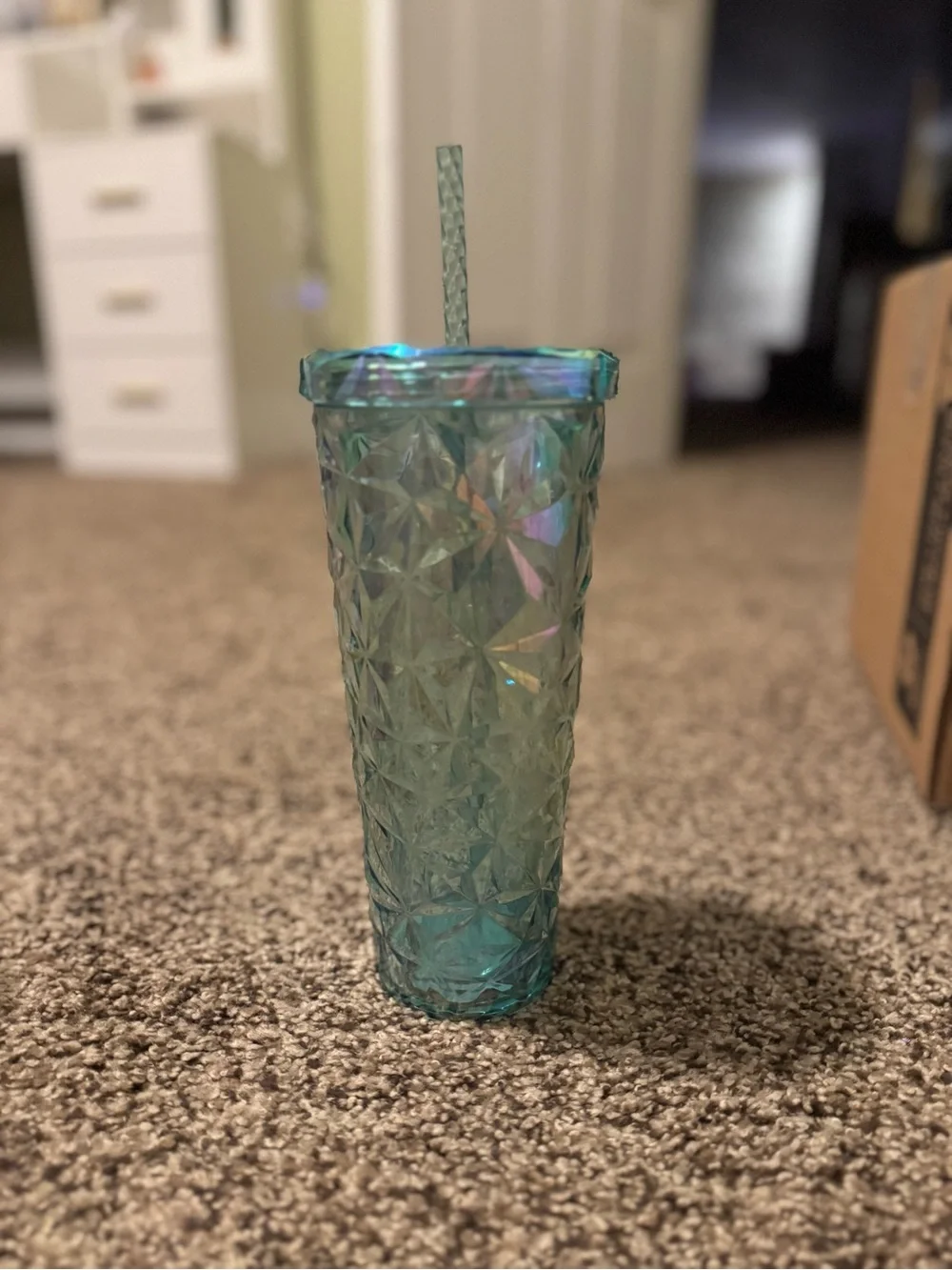 Iridescent Teal Diamond Tumbler with Straw